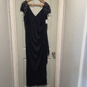 Xscape Maxi Dress with Beaded Sleeves and Side Ruching Plus Size